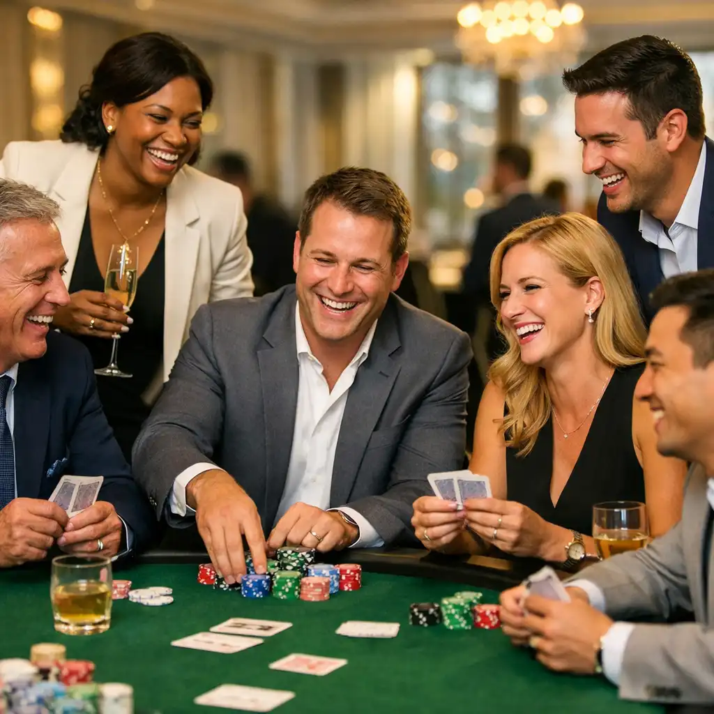 Grupa uczestników firmowego wieczoru pokerowego podczas integracji offline