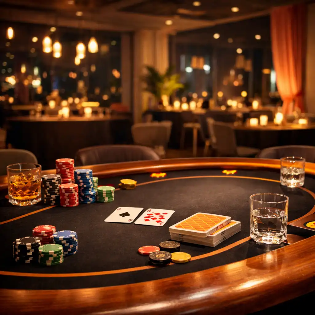 Elegancki stół pokerowy przygotowany na ekskluzywny wieczór offline