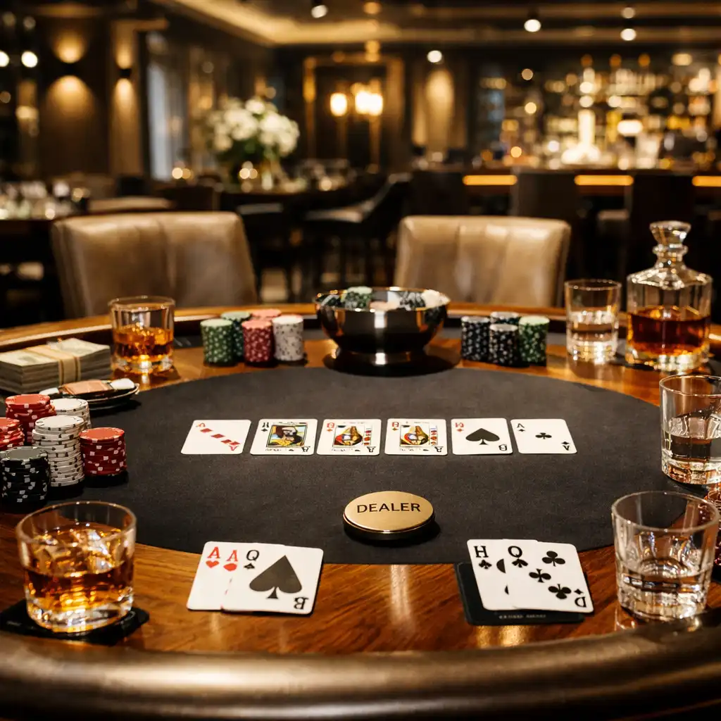 Elegancki stół pokerowy przygotowany na ekskluzywny wieczór LuminaPassage
