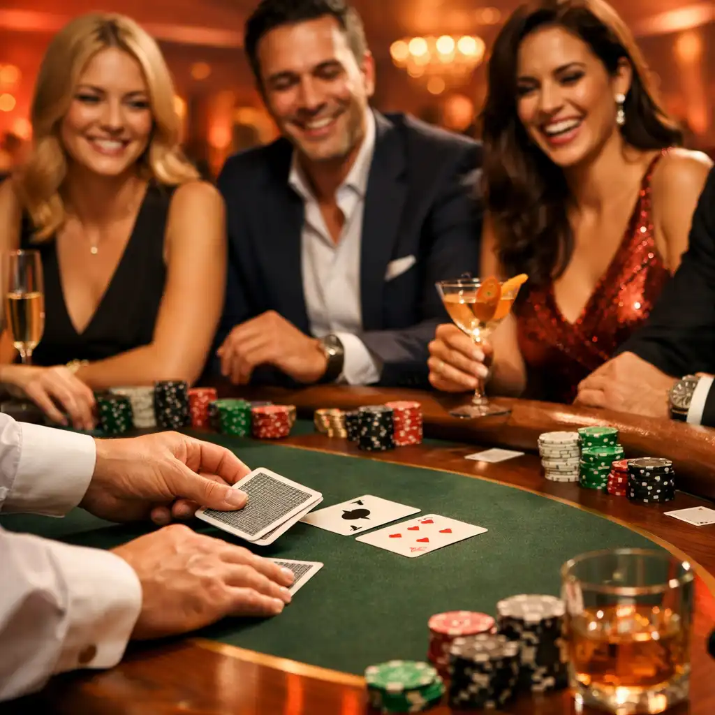 Stół pokerowy premium z żetonami i kartami przygotowany na wieczór LuminaPassage