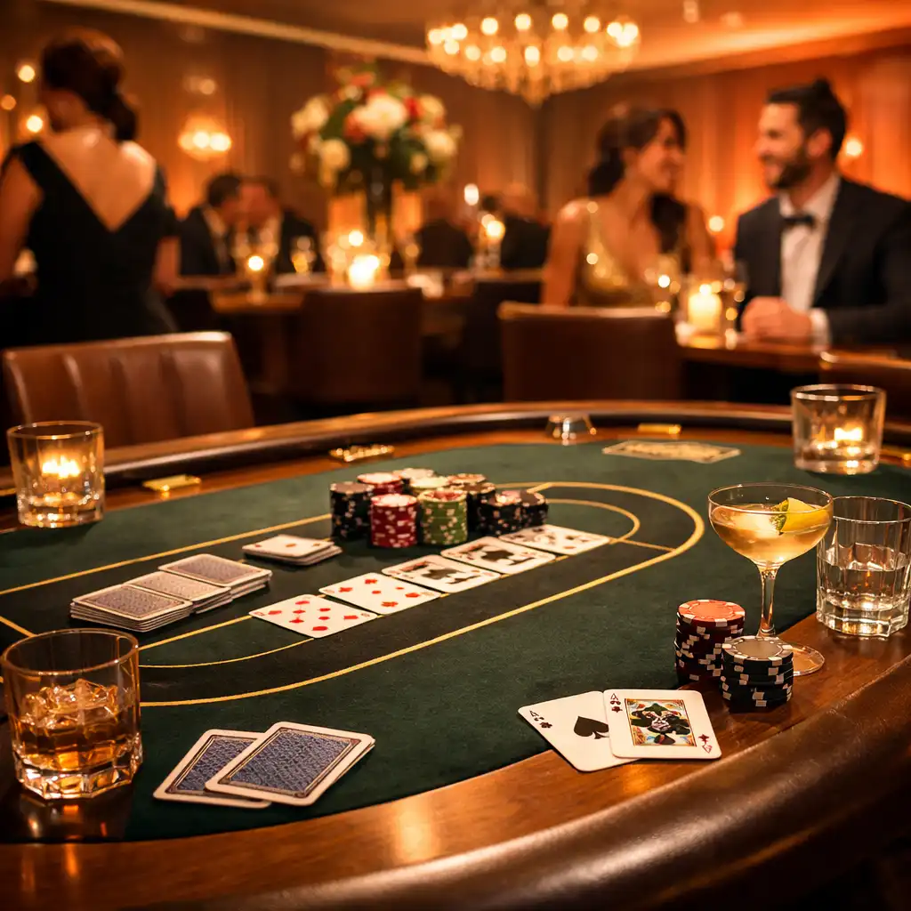 Elegancki, offline’owy wieczór kasynowy LuminaPassage z gośćmi przy stołach pokerowych